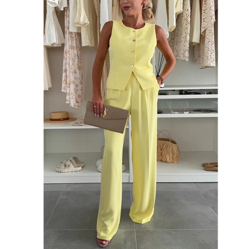 IHOOV Men's Solid Color Button Pocket Vest Suit Set