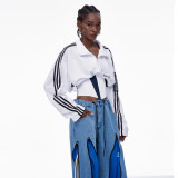 ihoov Color-Block Fishbone Waist Tie Stand Collar Cropped Jacket