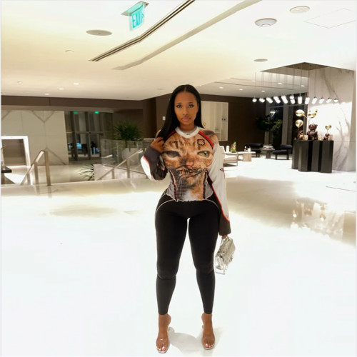 IHOOV Cat Emblem V-Neck Cable Knit Waist-Cinched Slim Crop Top