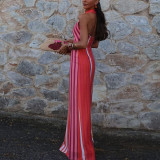 IHOOV Striped Cross-Neck Bodycon Maxi Dress