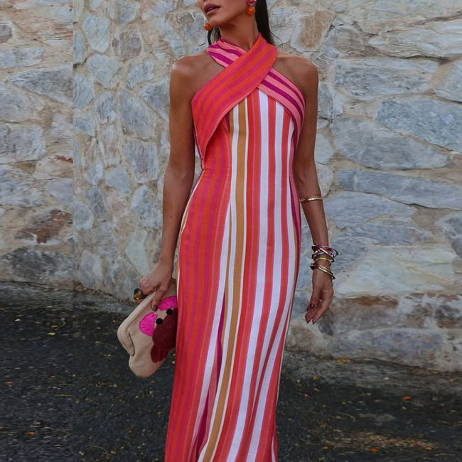 IHOOV Striped Cross-Neck Bodycon Maxi Dress