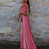 IHOOV Striped Cross-Neck Bodycon Maxi Dress