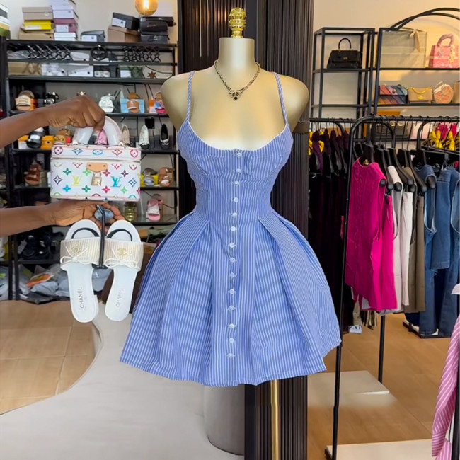 Blue Striped Asymmetrical Strap A-Line Summer Dress
