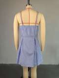 Blue Striped Asymmetrical Strap A-Line Summer Dress