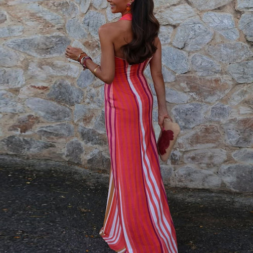 IHOOV Striped Cross-Neck Bodycon Maxi Dress