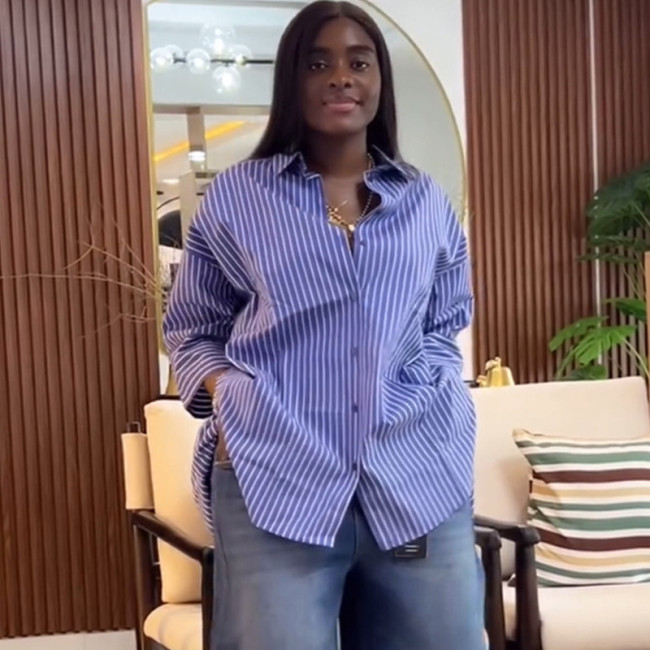 Chic Blue Striped Oversized Midi Sleeve Shirt