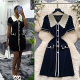 Chic Color-Block Polo Metallic Buckle Waist-Defining Knit Dress