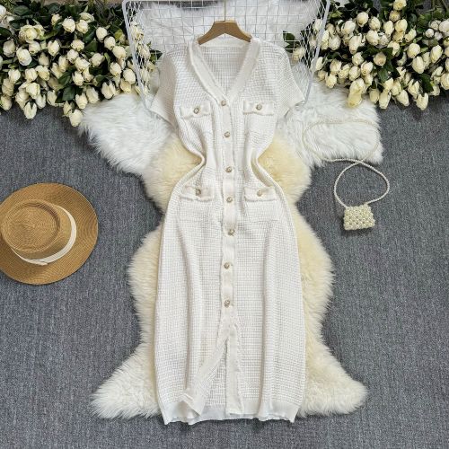 Chic Button-Detail V-Neck Parisian Elegance Knit Dress