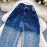 Luminous Gradient Crystal-Embellished Wide-Leg Denim