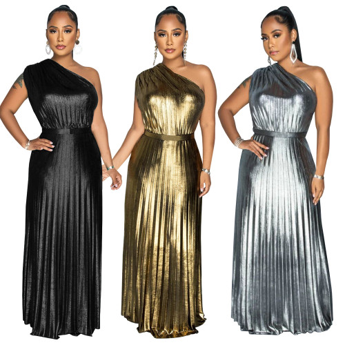 Gold-Foil Asymmetric Shoulder Sleeveless Pure Color Cocktail Dress