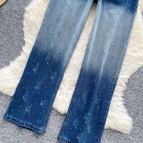 Luminous Gradient Crystal-Embellished Wide-Leg Denim