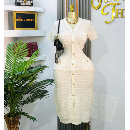 Chic Button-Detail V-Neck Parisian Elegance Knit Dress