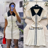 Chic Color-Block Polo Metallic Buckle Waist-Defining Knit Dress