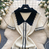Chic Color-Block Polo Metallic Buckle Waist-Defining Knit Dress