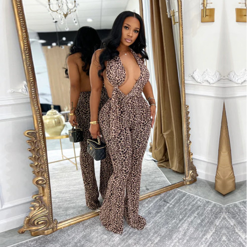 Leopard Print Halter Neck Arm-Wrap Jumpsuit