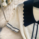 Chic Color-Block Polo Metallic Buckle Waist-Defining Knit Dress