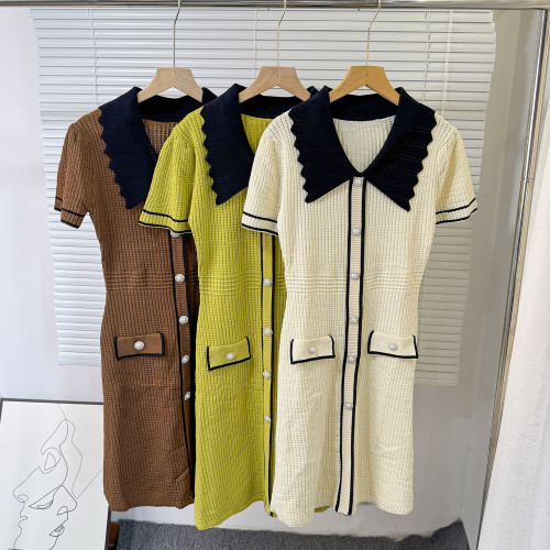 Chic Color-Block Polo Metallic Buckle Waist-Defining Knit Dress