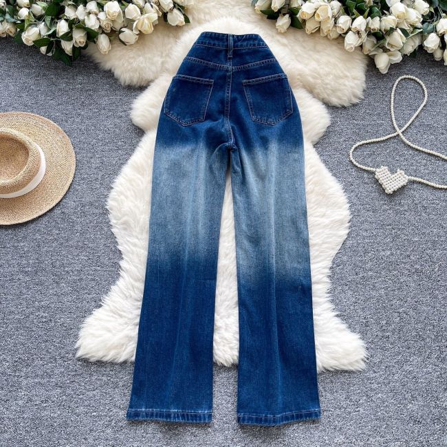 Luminous Gradient Crystal-Embellished Wide-Leg Denim
