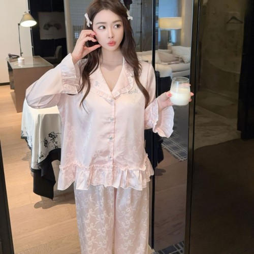 Radiant Nights: Luxe Jacquard Ice Silk Loungewear with Rhinestone Lace Trim