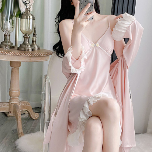 Sensual Two-Piece Camisole Robe Set with Built-in Padding