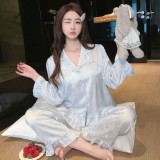 Radiant Nights: Luxe Jacquard Ice Silk Loungewear with Rhinestone Lace Trim