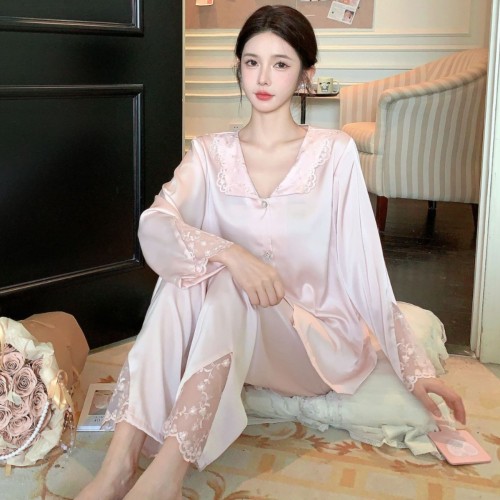 Silk Lace Butterfly Bow Long Sleeve Loungewear Set