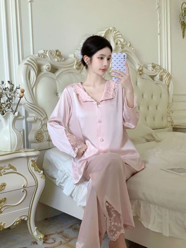 Silk Lace Butterfly Bow Long Sleeve Loungewear Set