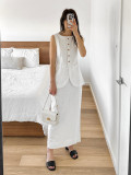 Minimalist Linen Sleeveless Vest with High-Waist Skirt Casual Set