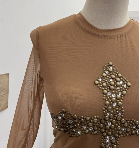 Glamorous Cross Rivet Rhinestone Trumpet Sleeve Double-Layer Mesh Top