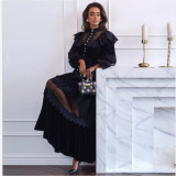 Opulent Pearl-Adorned Velvet Lace Swing Maxi Dress