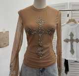 Glamorous Cross Rivet Rhinestone Trumpet Sleeve Double-Layer Mesh Top