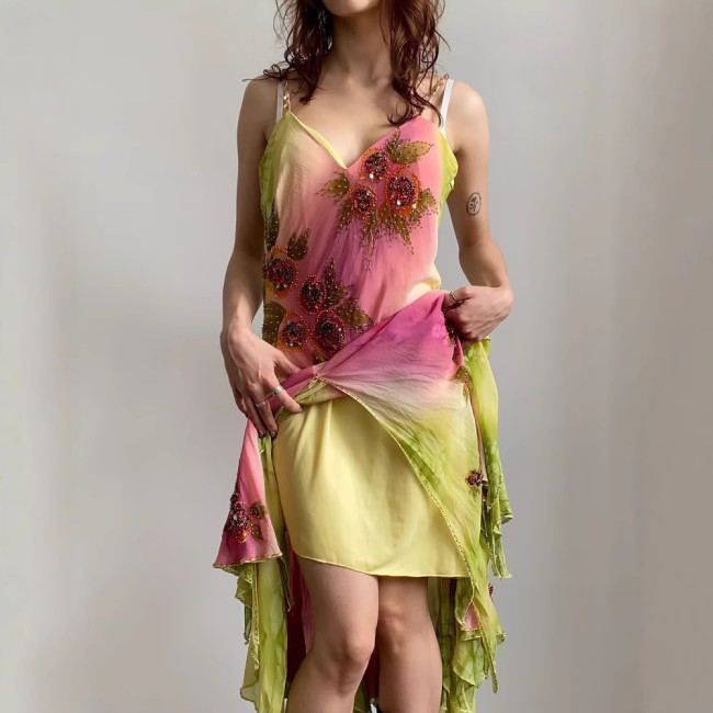 Ruffled Hem Embroidered Floral Spaghetti Strap Midi Dress