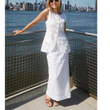 Minimalist Linen Sleeveless Vest with High-Waist Skirt Casual Set