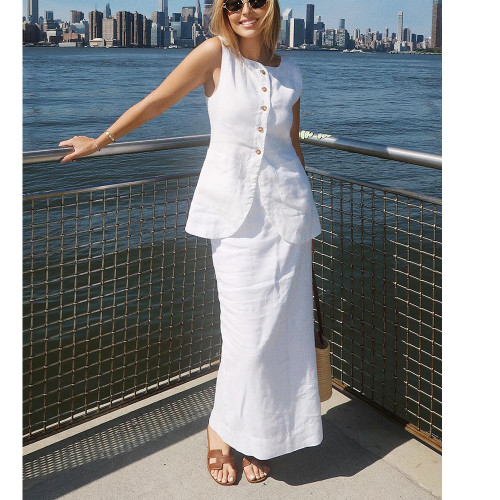 Minimalist Linen Sleeveless Vest with High-Waist Skirt Casual Set