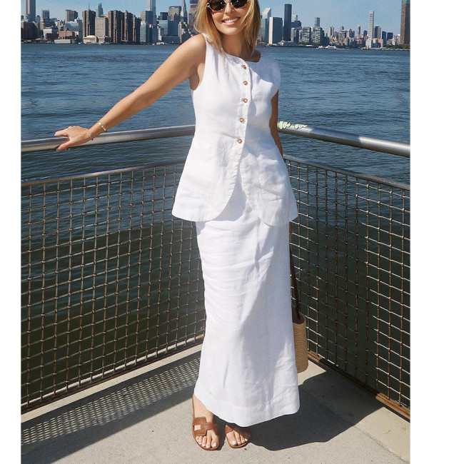 Minimalist Linen Sleeveless Vest with High-Waist Skirt Casual Set