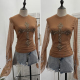 Glamorous Cross Rivet Rhinestone Trumpet Sleeve Double-Layer Mesh Top