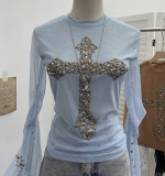 Glamorous Cross Rivet Rhinestone Trumpet Sleeve Double-Layer Mesh Top