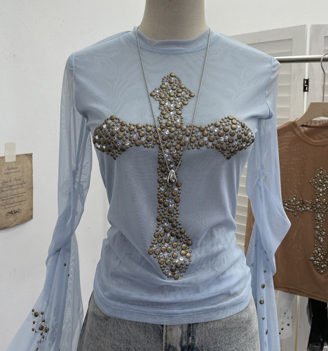 Glamorous Cross Rivet Rhinestone Trumpet Sleeve Double-Layer Mesh Top