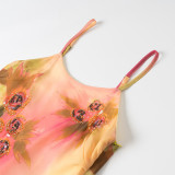 Ruffled Hem Embroidered Floral Spaghetti Strap Midi Dress