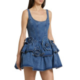 Cinched Waist Princess Floral 3D Appliqué Denim Midi Dress