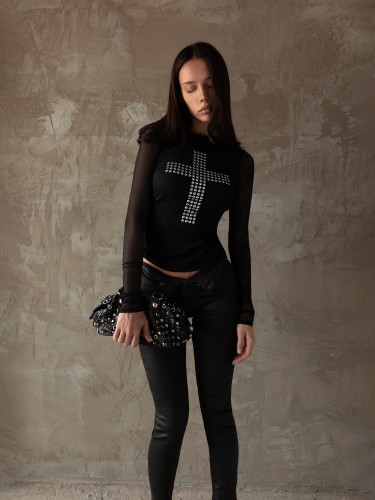 Provocative Cross Rhinestone Slim-Fit Long Sleeve Statement T-Shirt