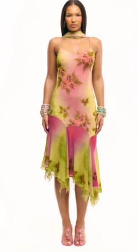 Ruffled Hem Embroidered Floral Spaghetti Strap Midi Dress