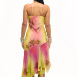 Ruffled Hem Embroidered Floral Spaghetti Strap Midi Dress