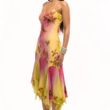 Ruffled Hem Embroidered Floral Spaghetti Strap Midi Dress