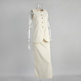 Minimalist Linen Sleeveless Vest with High-Waist Skirt Casual Set
