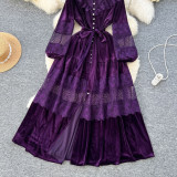 Opulent Pearl-Adorned Velvet Lace Swing Maxi Dress