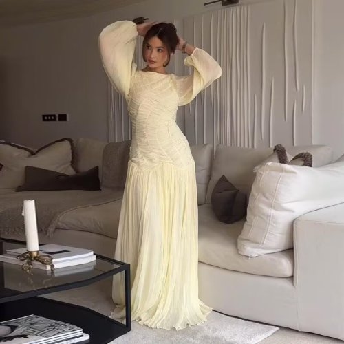 Elegant Mesh-Textured Long Sleeve Ruched Midi Dress