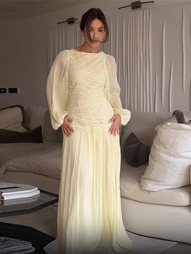 Elegant Mesh-Textured Long Sleeve Ruched Midi Dress