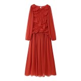 Elegant Mesh-Textured Long Sleeve Ruched Midi Dress