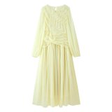 Elegant Mesh-Textured Long Sleeve Ruched Midi Dress
